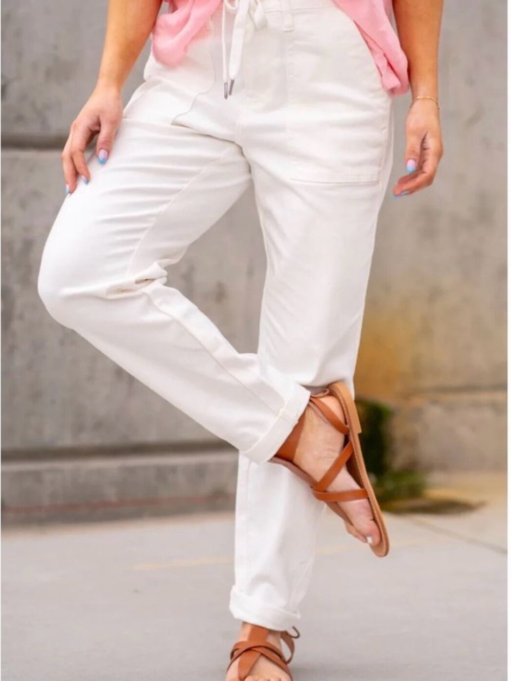 Judy Blue Cream Boyfriend Jeans with Drawstring Waist